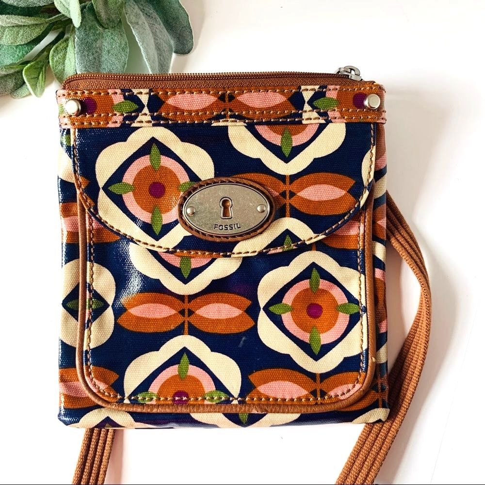 Fossil Key-Per Mini Crossbody Purse Multicolor Mod Floral Geometric Shoulder Bag